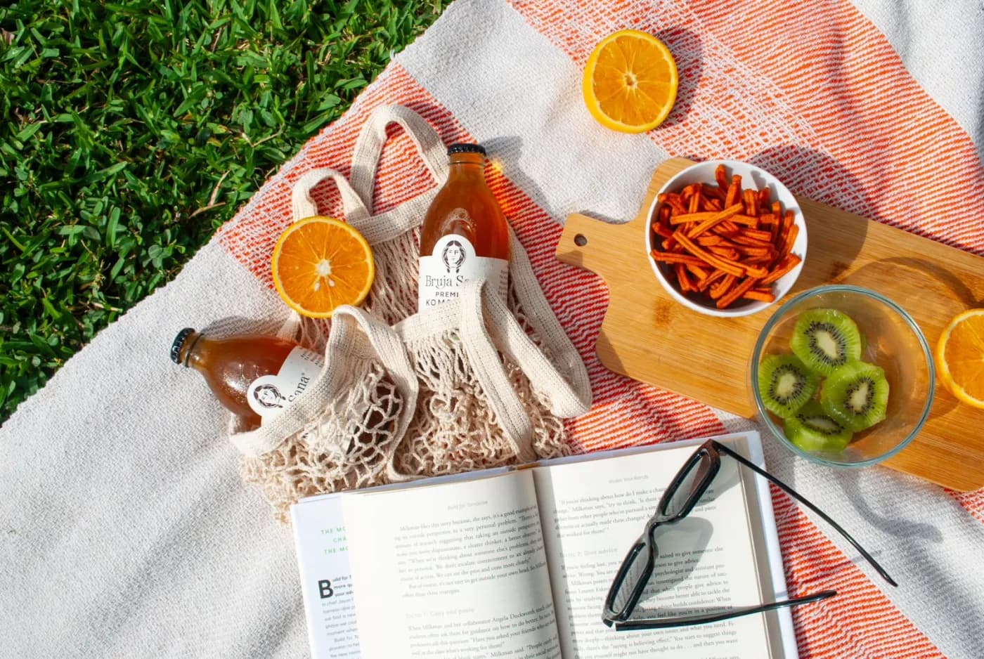 Bruja Sana bottles at a picnic with fresh fruit