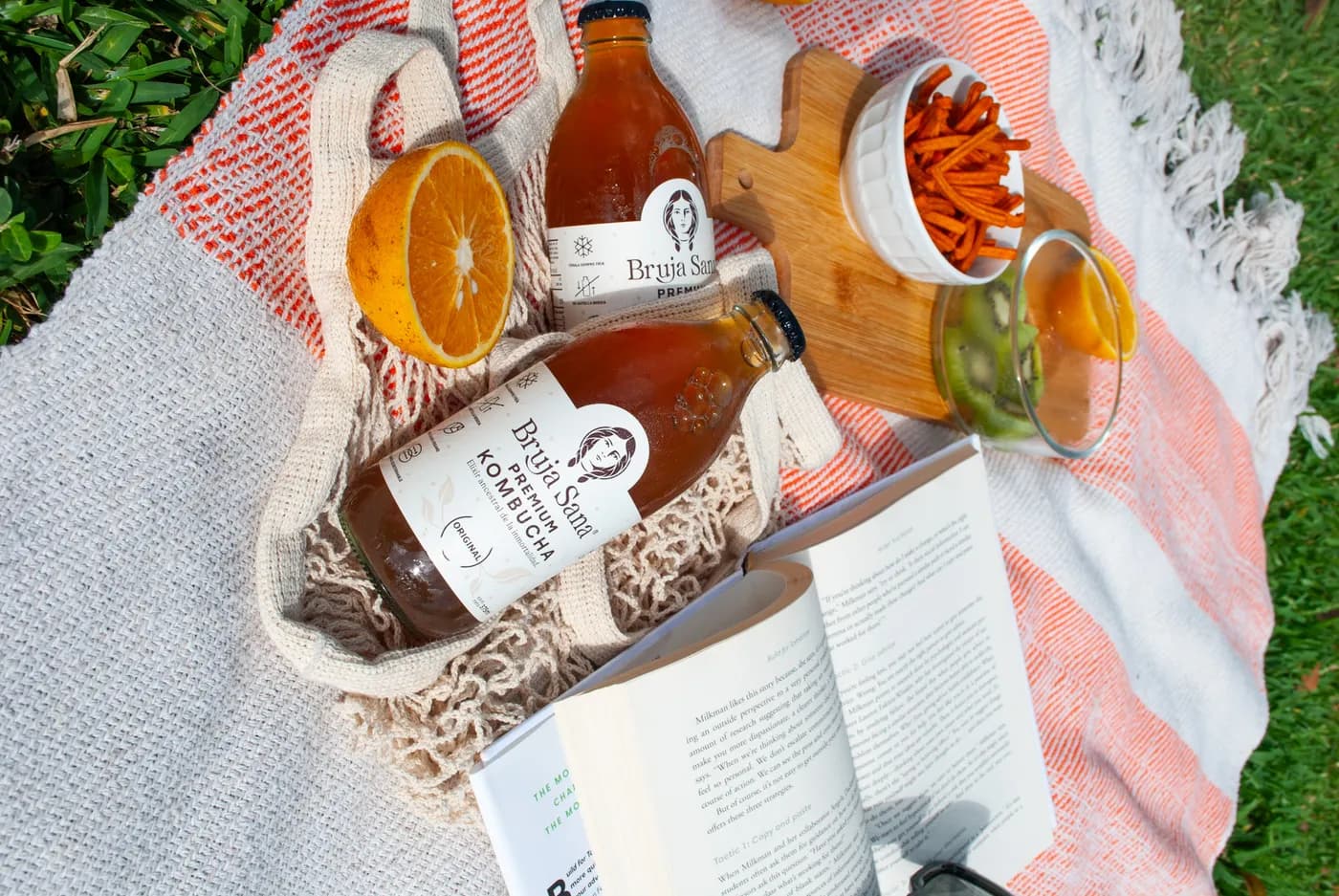 Dos botellas de Kombucha Bruja Sana en un picnic sobre el pasto, con naranja, un libro y botanas
